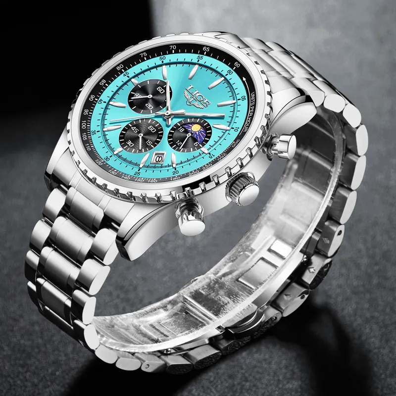 Reloj Lige 8989 Cronógrafo para Hombre | Acero y Esfera Turquesa