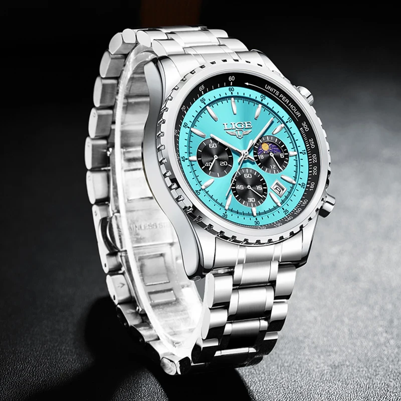 Reloj Lige 8989 Cronógrafo para Hombre | Acero y Esfera Turquesa