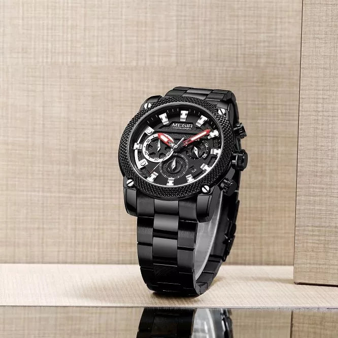 Reloj Megir 2134 Cronógrafo "Stealth" para Hombre | Acero Negro