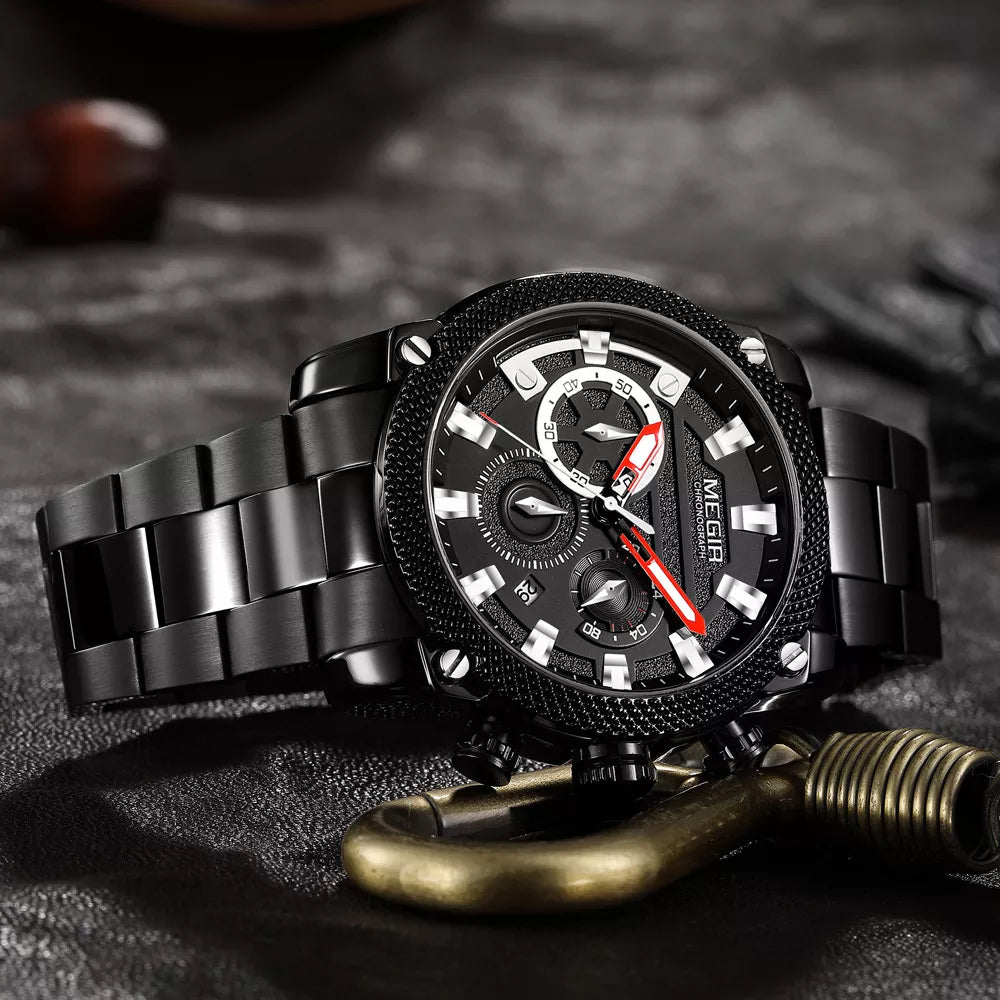 Reloj Megir 2134 Cronógrafo "Stealth" para Hombre | Acero Negro