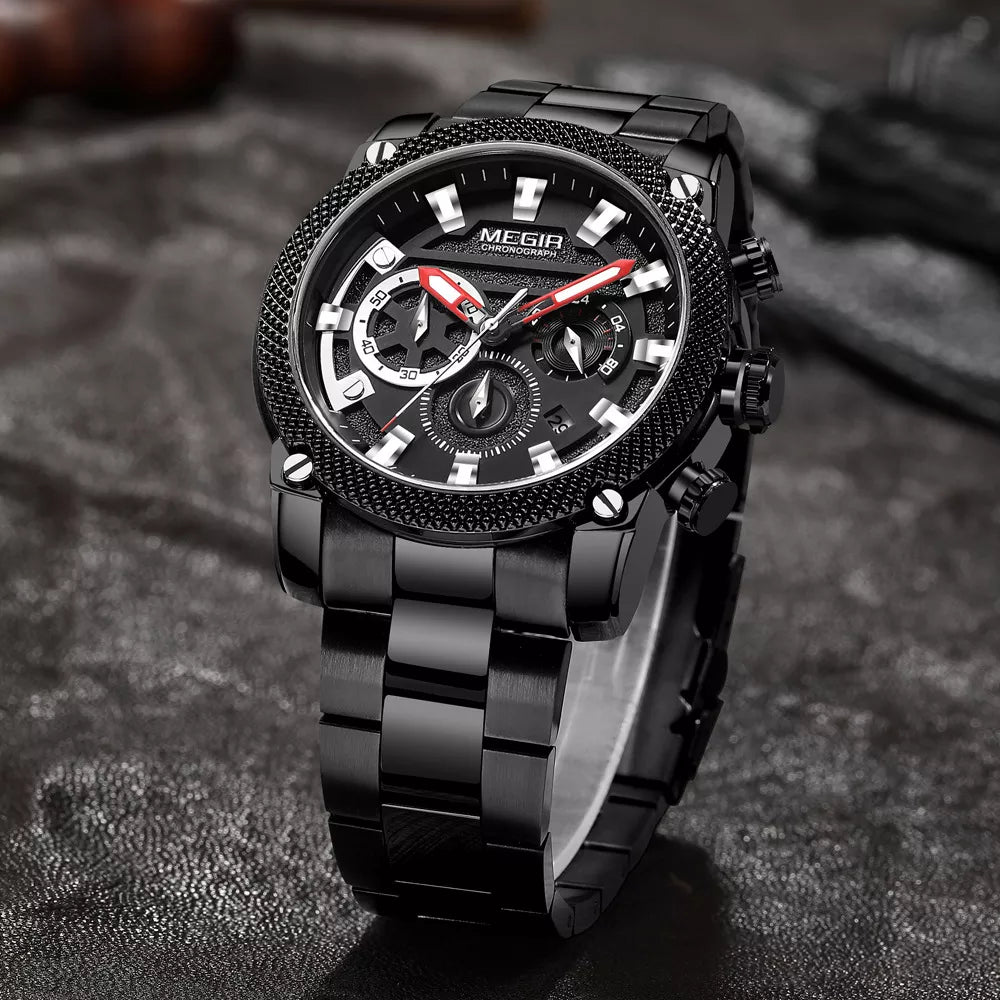 Reloj Megir 2134 Cronógrafo "Stealth" para Hombre | Acero Negro