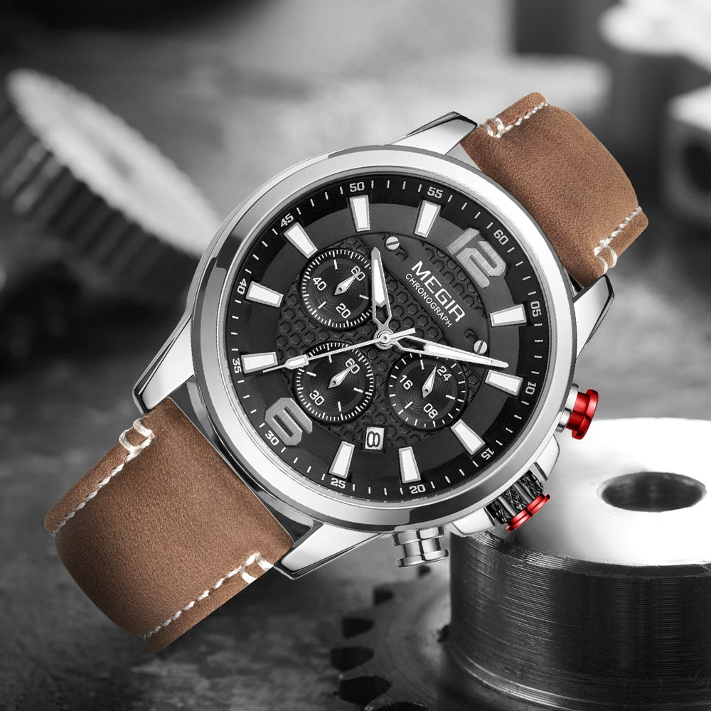 Reloj Megir 2156 de Aviador Cronógrafo para Hombre | Acero y Cuero